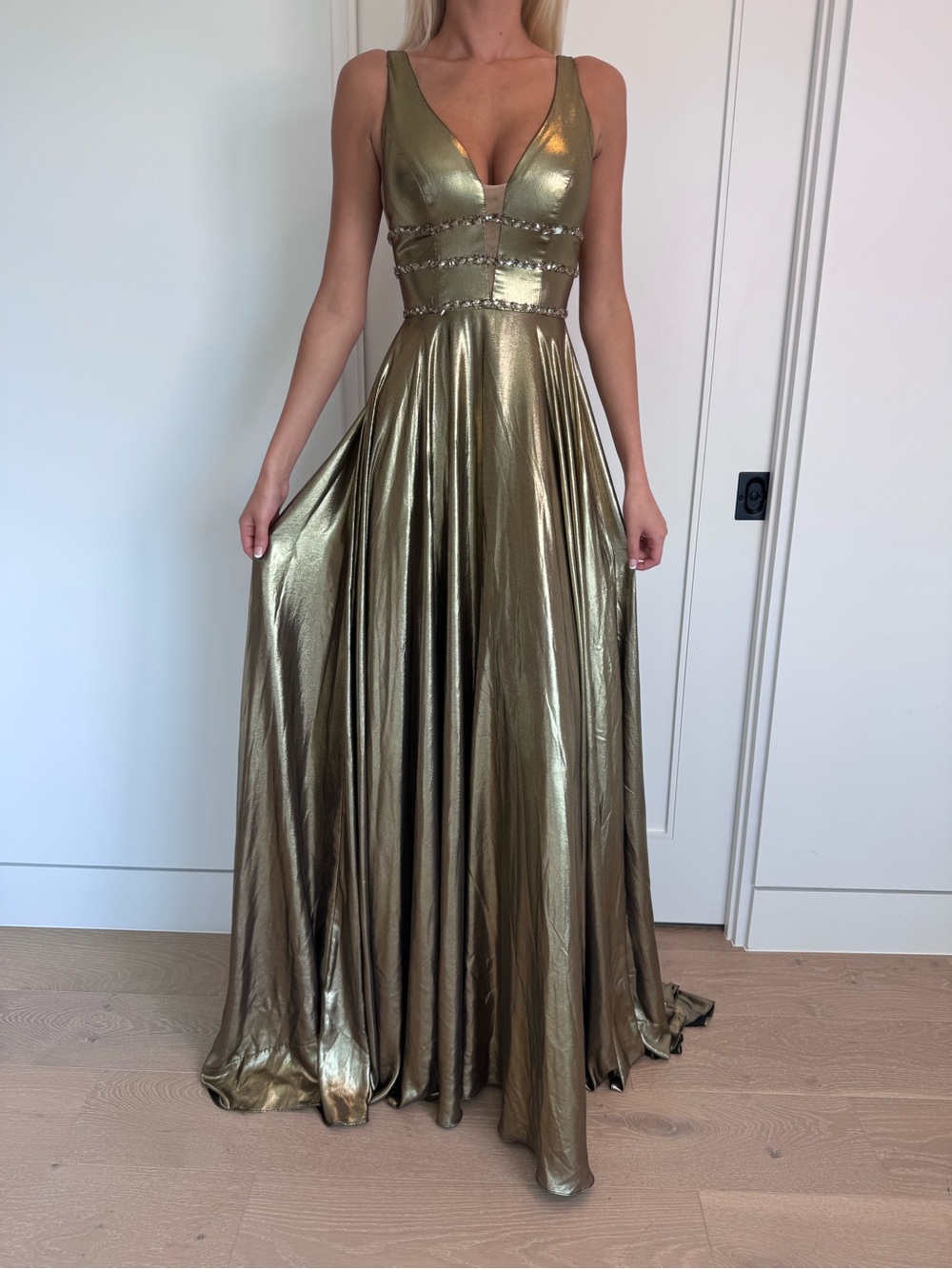 Metallic Gold Grecian V-Neck Maxi Gown